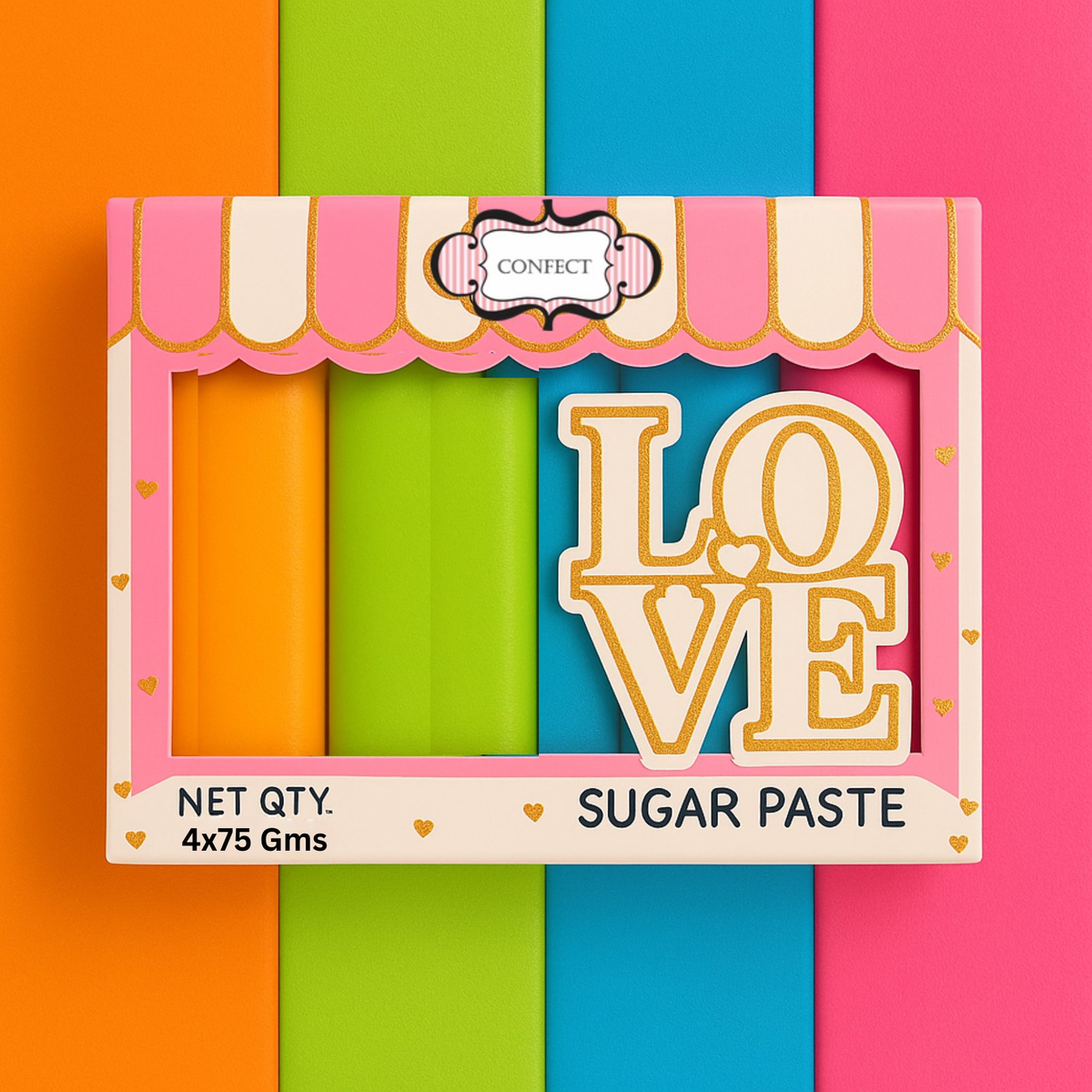Confect Multipack of Fluorescent Orange, Lime green, electric blue and Neon Pink Sugarpaste 08