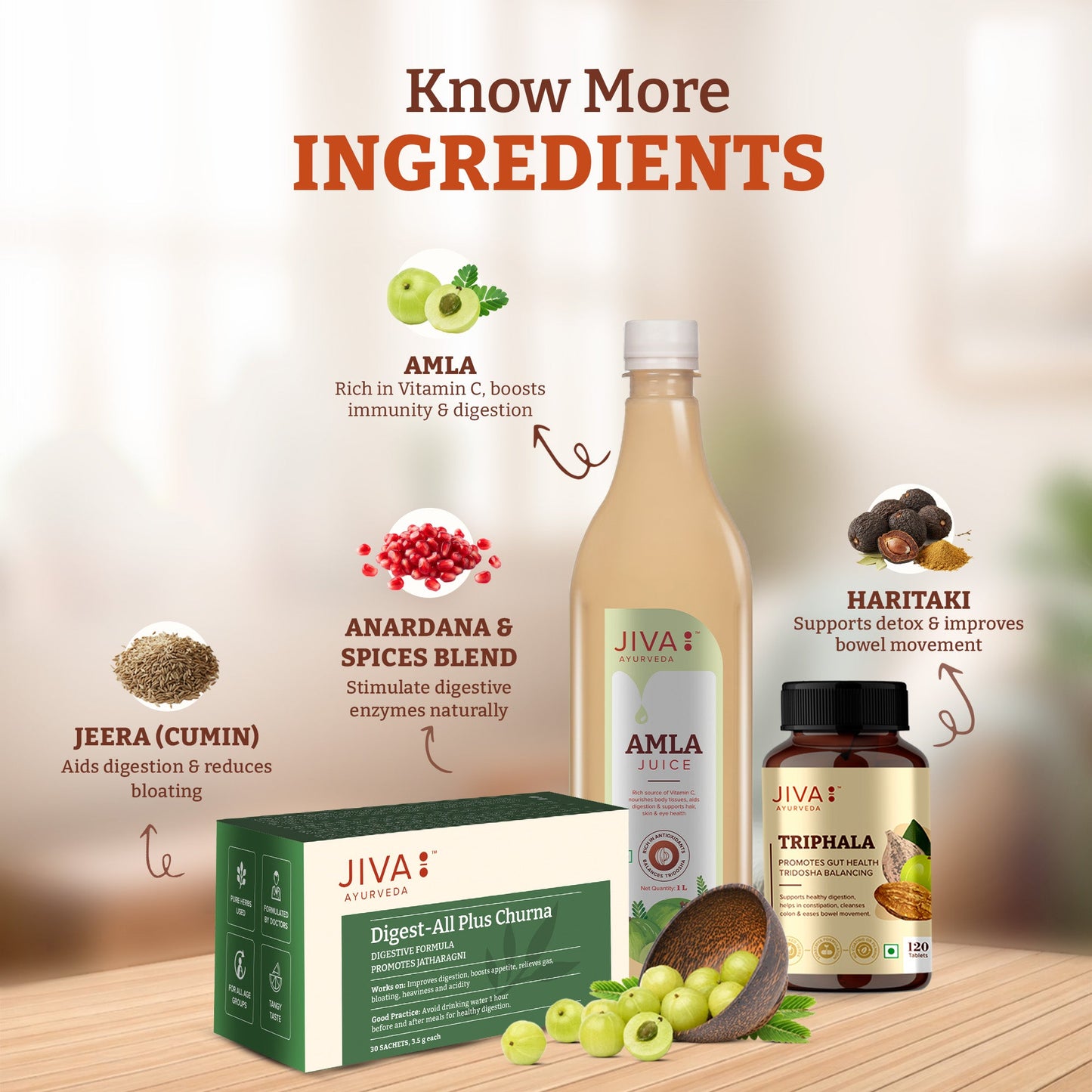 Jiva Ayurveda Digestive Care Combo - Digest-All Churana 30 Sachet - Amla Juice 1L - Triphala 120 Tablet