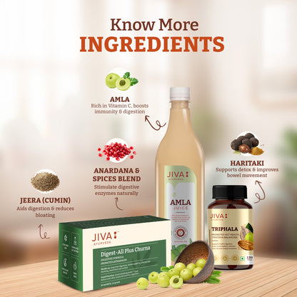 Jiva Ayurveda Digestive Care Combo - Digest-All Churana 30 Sachet - Amla Juice 1L - Triphala 120 Tablet