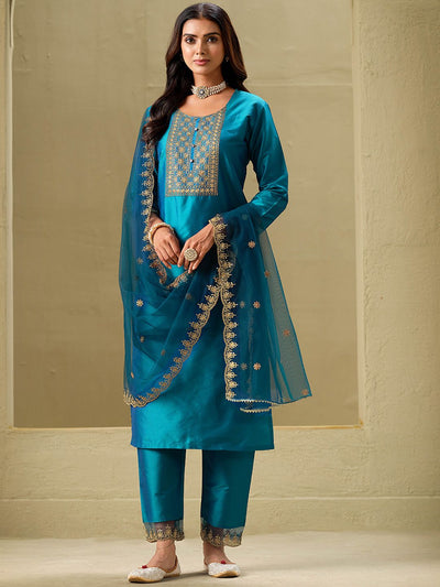 Indyancart SN Women's Floral Embroidered Straight Kurta & Trousers With Dupatta