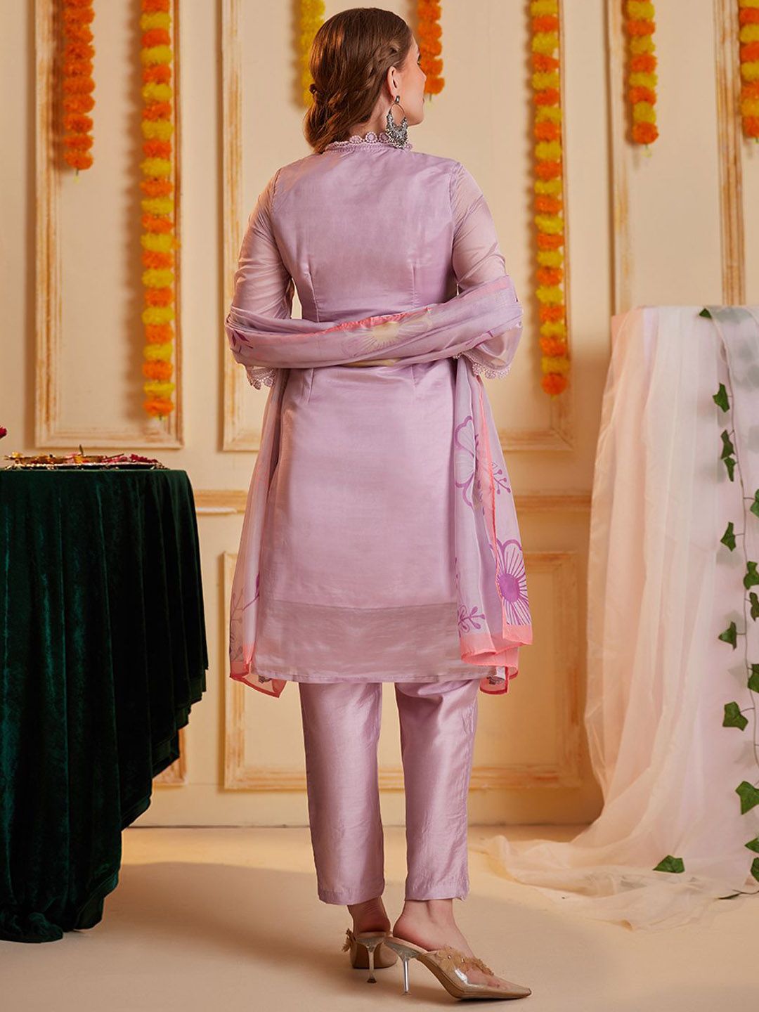 Indyancart SN Women's Floral Embroidered Notch Neck Thread Work Straight Kurta With Trouser & Dupatta