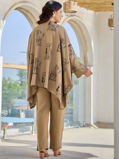 Women Ethnic Motifs Printed Band Collar Kaftan Kurta With Trouser
