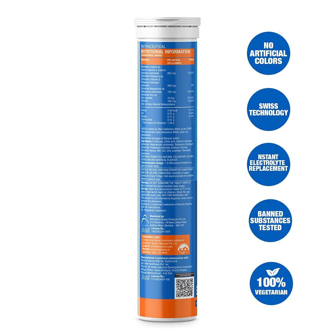 Fast&Up Reload O.R.S orange effervescent electrolyte tablets in a clear glass, showcasing vibrant orange tablets for hydration and energy.