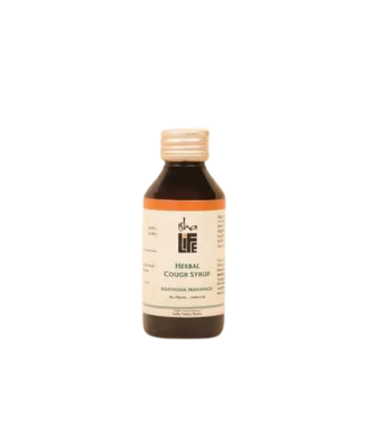 Isha Life Herbex Cough Syrup bottle with label, showing herbal remedy for cough relief in a clear glass container.