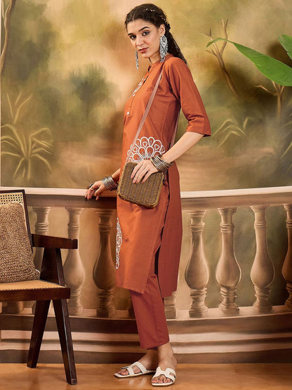 Indyancart SN Women's Floral Embroidered Cotton Kurta with Trousers