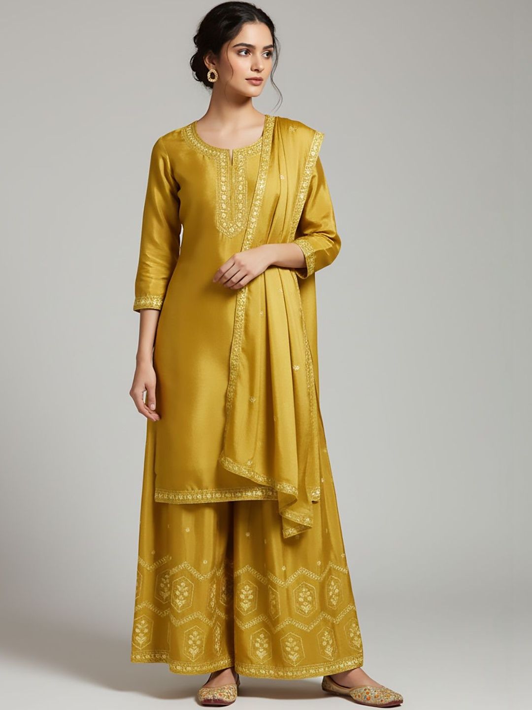 Indyancart VA Women Ethnic Motifs Embroidered Regular Thread Work Silk Crepe Kurta with Palazzos & With Dupatta