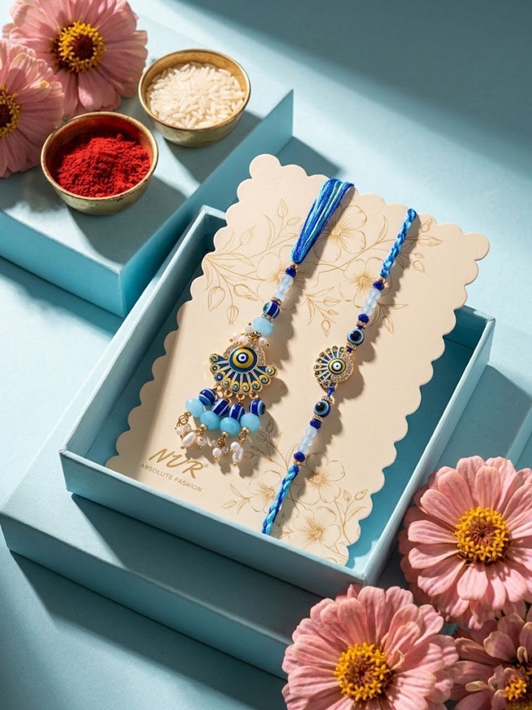 Anouk Set Of 2 Blue Evil Eye Artificial Beads Bhaiya Bhabhi Rakhi With Roli Chawal