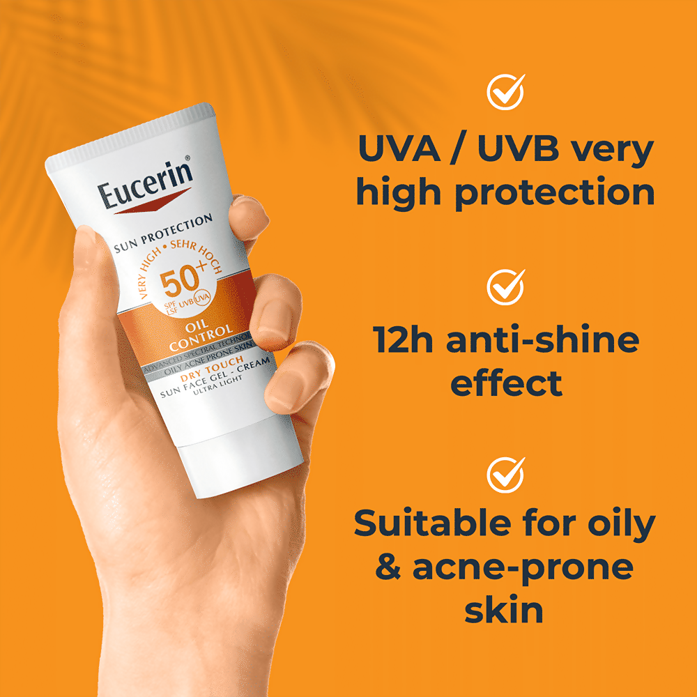 Eucerin Oil Control Dry Touch Sunscreen Gel Cream SPF 50+ with smooth, lightweight texture and broad-spectrum sun protection.