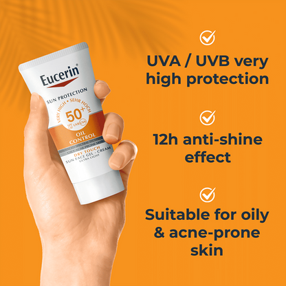 Eucerin Oil Control Dry Touch Sunscreen Gel Cream SPF 50+ with smooth, lightweight texture and broad-spectrum sun protection.
