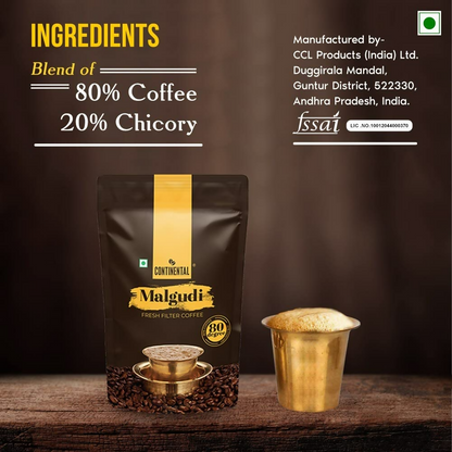 Container of Continental Malgudi Filter Coffee Powder showing the product label and coffee powder inside a glass jar.
