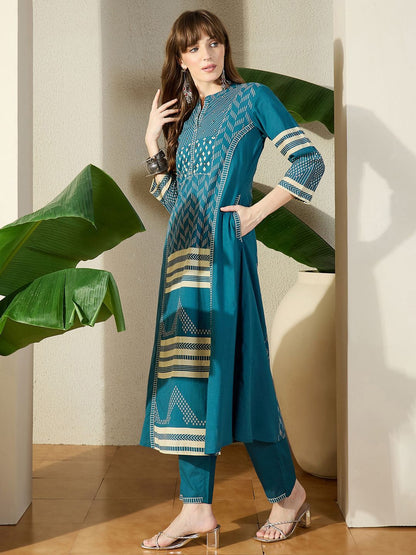 Dhiyona IE Geometric Printed Pure Cotton Top With Trousers Co-Ords