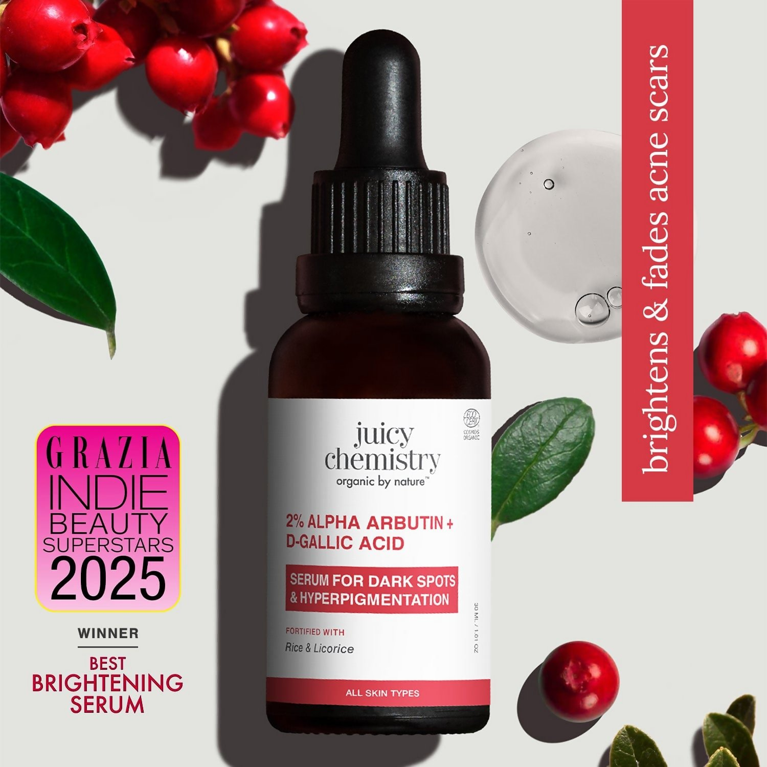Juicy Chemistry Alpha Arbutin and D-Gallic Acid face serum in a dropper bottle, suitable for skincare and brightening.