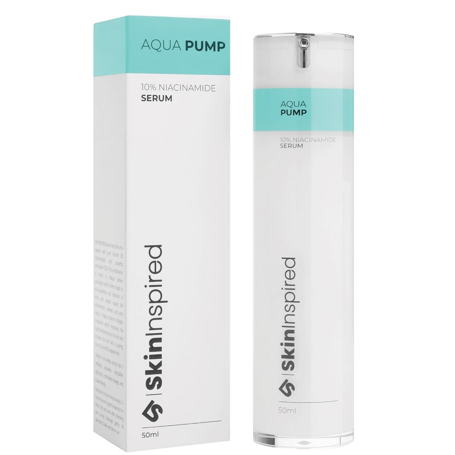 SkinInspired Aqua Pump 10% Niacinamide face serum bottle with pump top, designed for skincare and brightening.