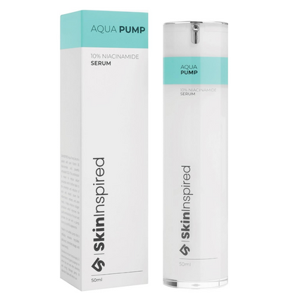 SkinInspired Aqua Pump 10% Niacinamide face serum bottle with pump top, designed for skincare and brightening.