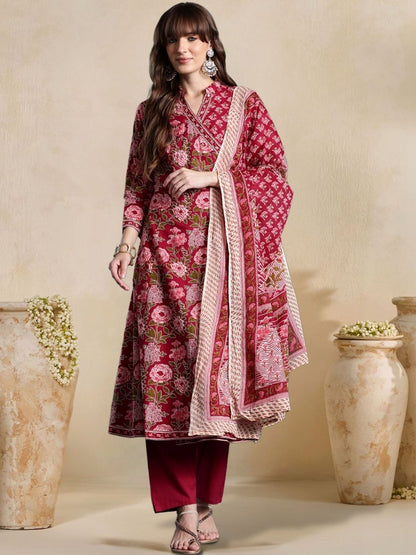 Women Floral Printed Angrakha Pure Cotton Kurta with Trousers & With Dupatta