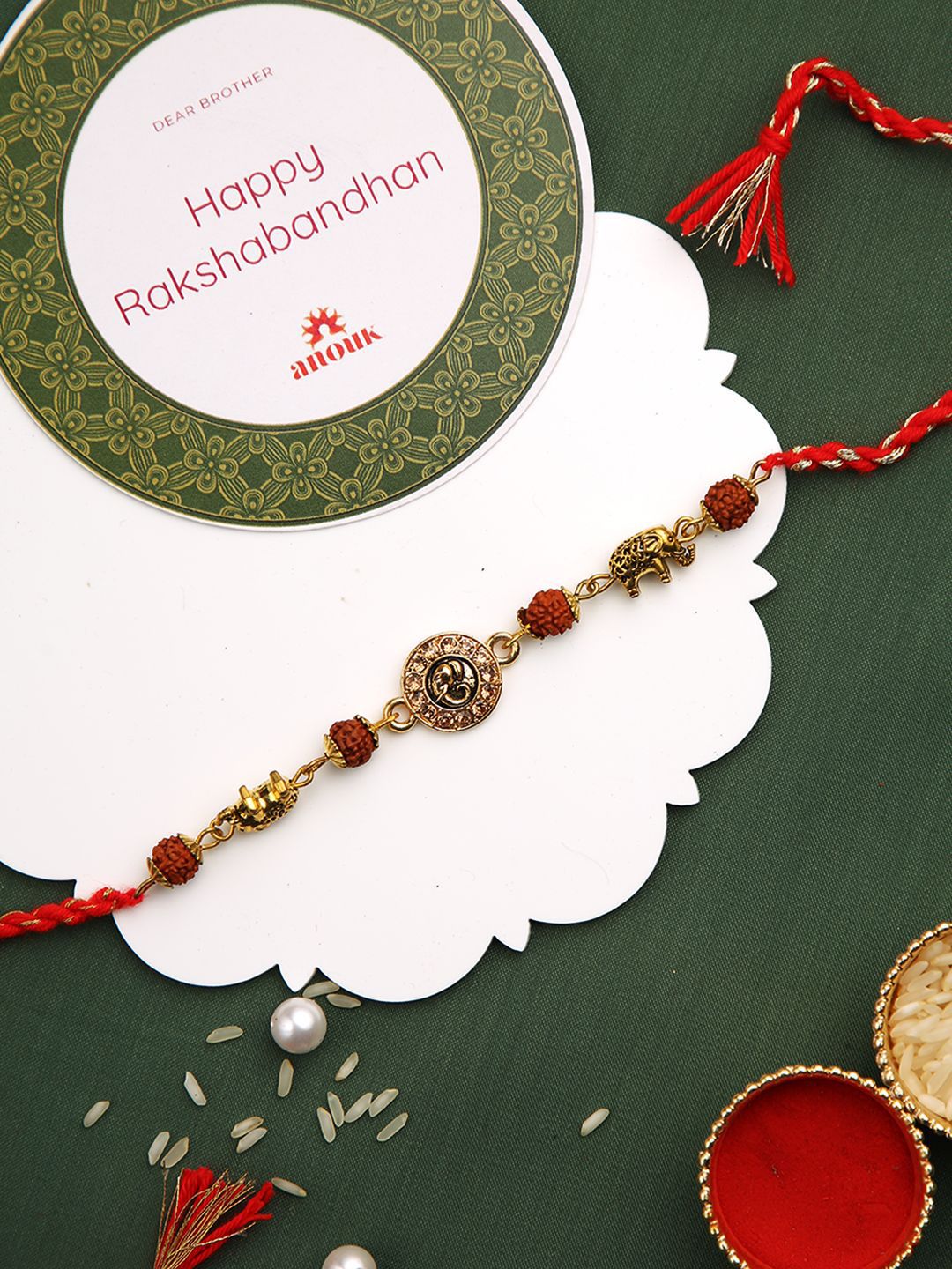 Anouk Stones Studded & Rudhraksh Beaded Rakhi With Roli Chawal & Greeting Card