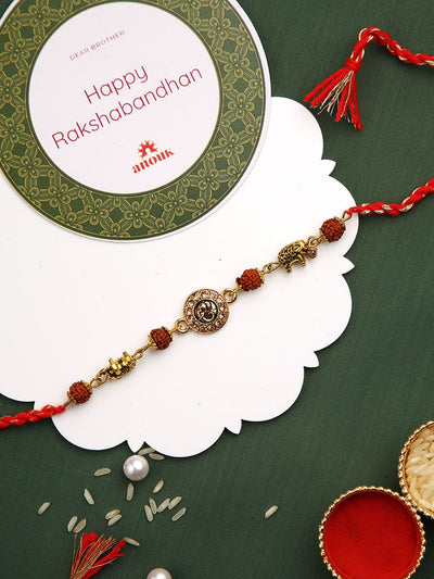 Indyancart Stones Studded & Rudhraksh Beaded Rakhi With Roli Chawal & Greeting Card