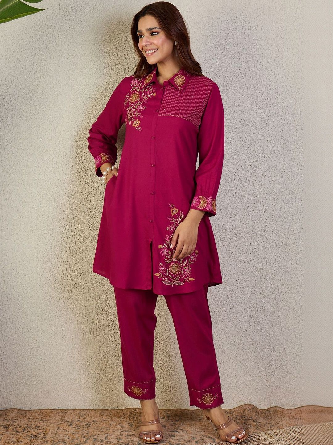 Floral Embroidered Shirt Collar Thread Work Pure Cotton Kurta With Trousers