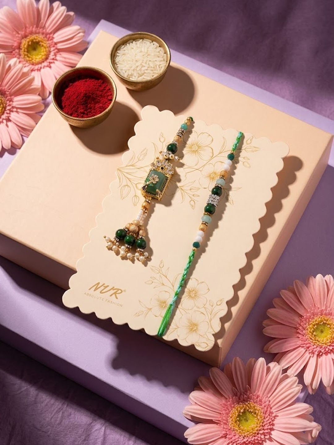 Anouk Set Of 2 Green Artificial Beads Traditional Bhaiya Bhabhi Rakhi With Roli Chawal