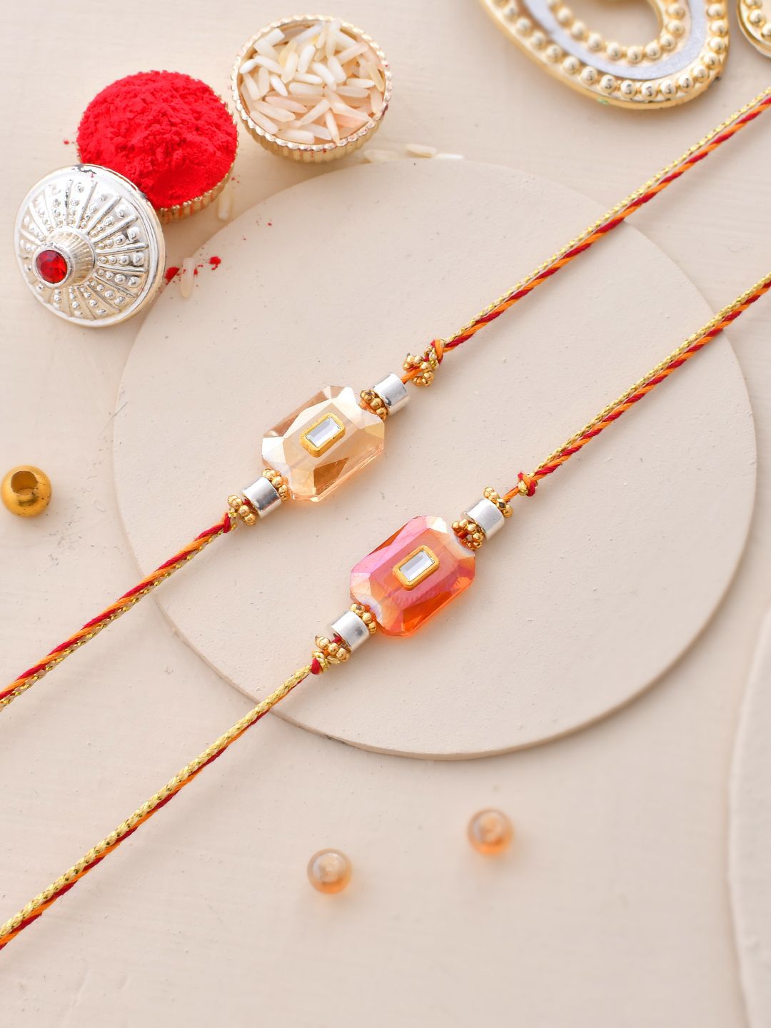 Anouk Set of 2 Red Kundan-Studded & Beaded Thread Rakhi