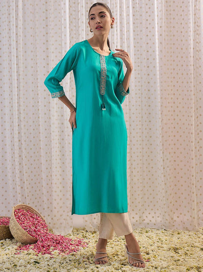 Indyancart IE Blue Floral Embroidered Chanderi Silk Straight Kurta