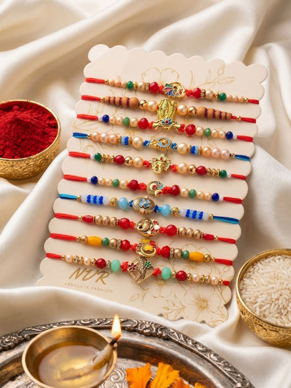 Anouk Set Of 10 Artificial Stones & Beads Thread Rakhi With Roli Chawal Chandan Mishri