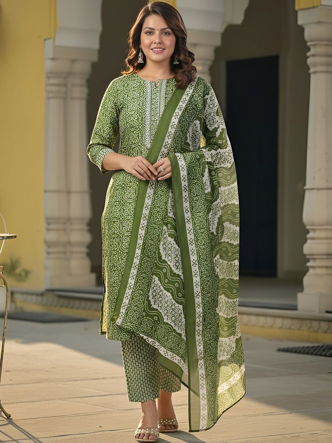 Women Ethnic Motifs Printed Regular Thread Work Pure Cotton Kurta with Trousers & With Dupatta