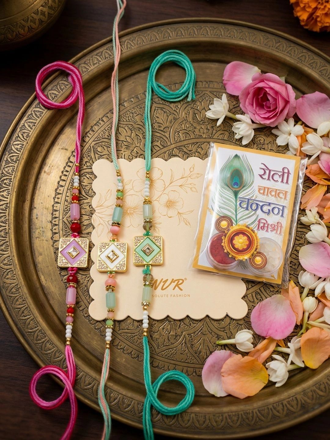 Anouk Set Of 3 Multicolor Ad Thread Rakhi With Roli Chawal Chandan Mishri