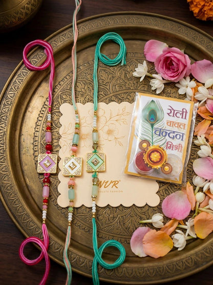 Anouk Set Of 3 Multicolor Ad Thread Rakhi With Roli Chawal Chandan Mishri