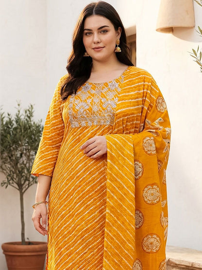 Indyancart Women's Ethnic Motifs Striped Regular Thread Work Pure Cotton Kurta with Trousers & With Dupatta