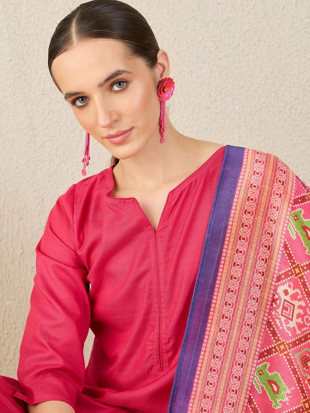 Notch Neck A-Line Kurta With Trousers & Dupatta Set