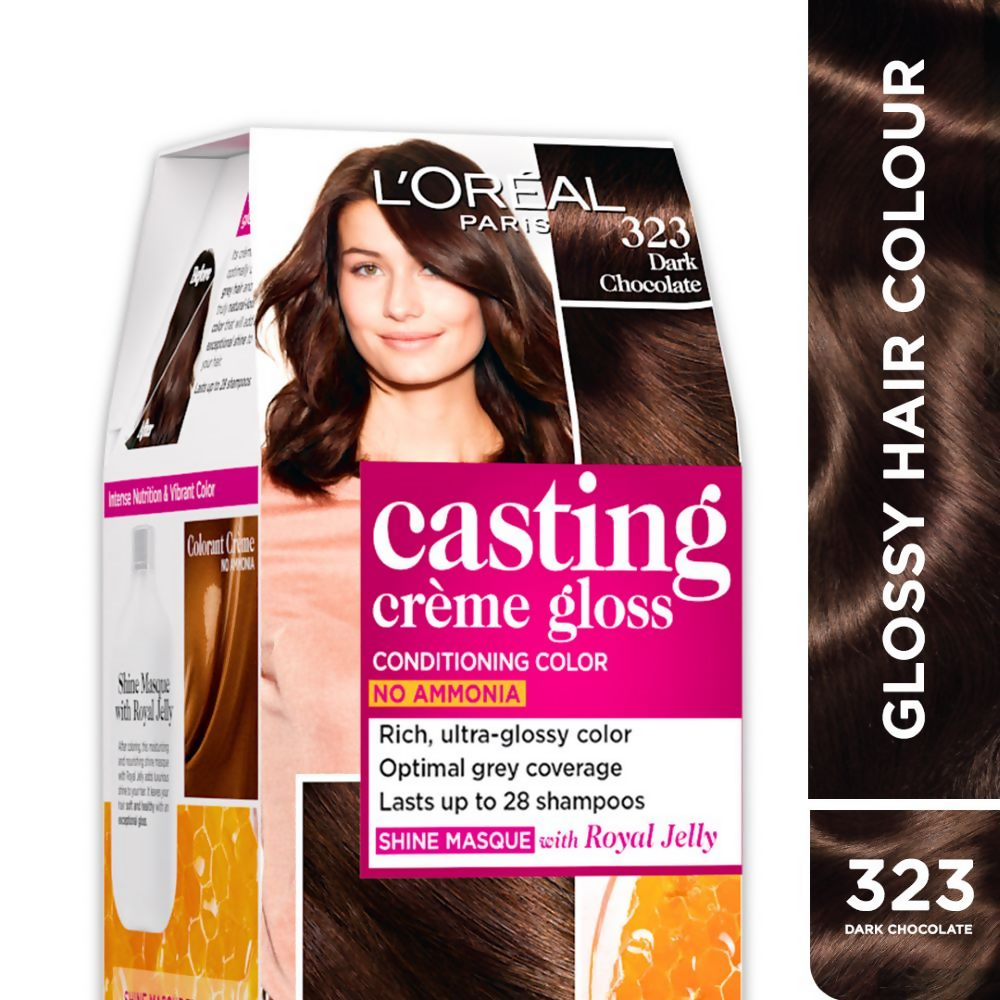 L'Oreal Paris Casting Creme Gloss dark chocolate hair color tube, showing the rich brown shade and product packaging.