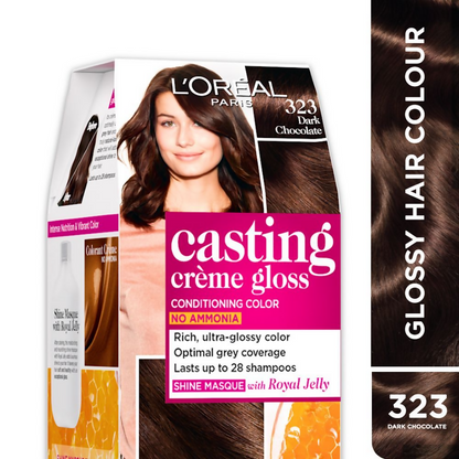 L'Oreal Paris Casting Creme Gloss dark chocolate hair color tube, showing the rich brown shade and product packaging.