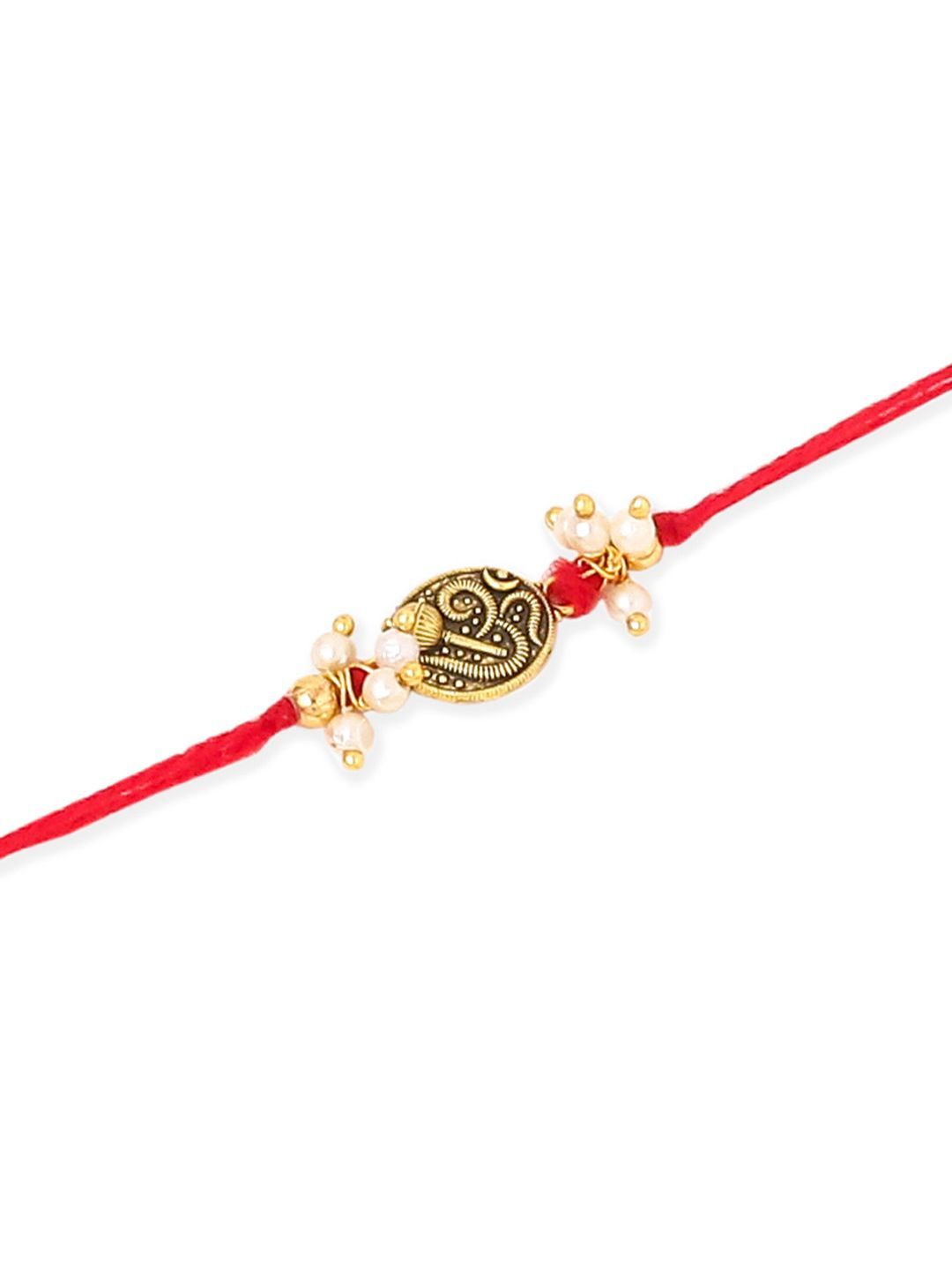 Anouk Men Set Of 2 Gold Toned Pearls Swastik Desgin Thread Rakhi With Roli Chawal