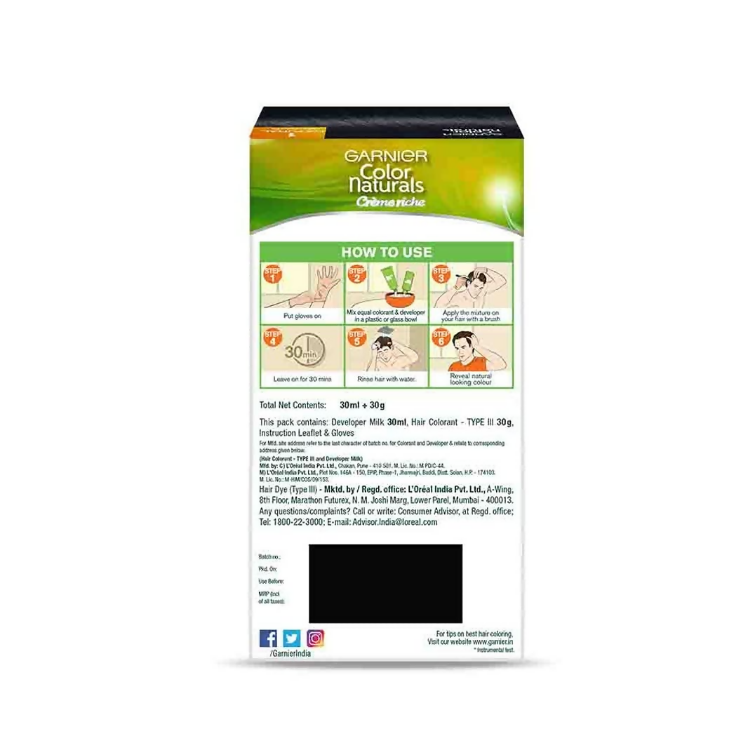 Garnier Color Naturals Creme Riche Men hair color in Shade 1 Natural Black, showing a tube of hair dye and applicator.