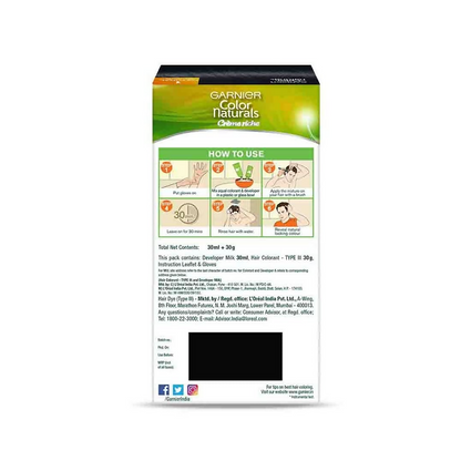 Garnier Color Naturals Creme Riche Men hair color in Shade 1 Natural Black, showing a tube of hair dye and applicator.