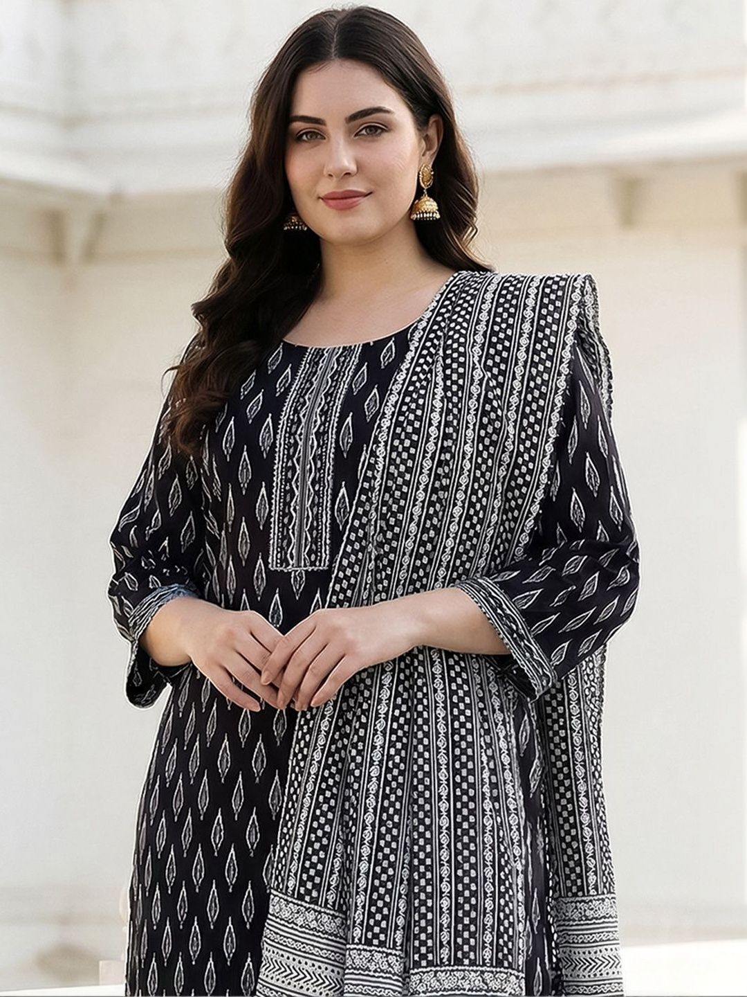 Indyancart Women's Ethnic Motifs Printed Regular Pure Cotton Kurta with Palazzos & With Dupatta