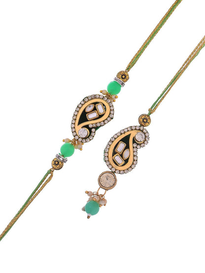 Anouk Green Kundan-Studded & Beaded Bhaiya Bhabhi Thread Rakhi