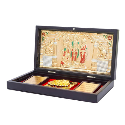Gold-polished Lord Ram Darbar photo frame with Charan Paduka, featuring detailed idol images for devotional display.
