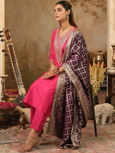 Indyancart IE Women Ethnic Motifs Embroidered Regular Kurta with Trousers & Dupatta