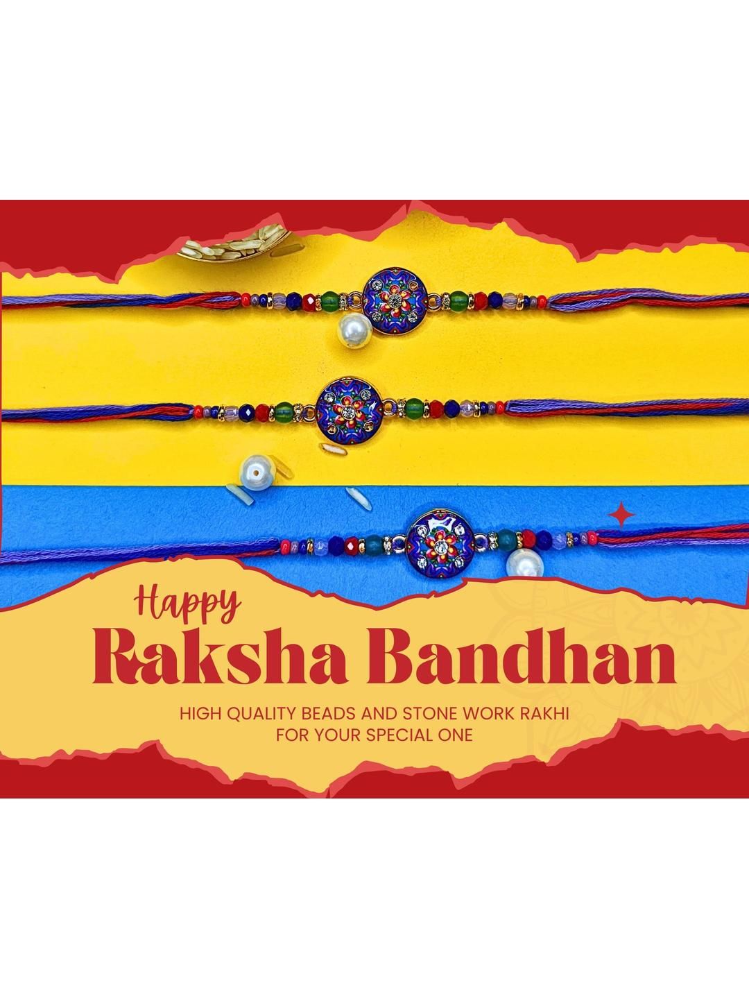 Anouk Set Of 3 Beaded Cotton Thread with AD Stones & Meenakari Designer Rakhi for Brother