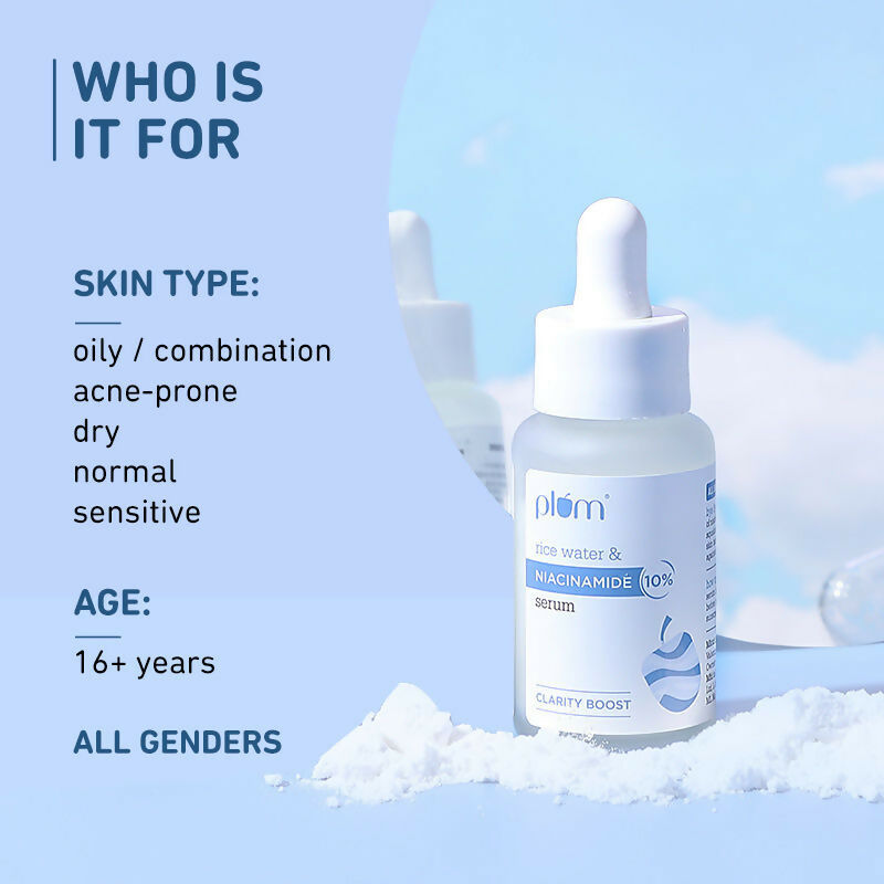 Plum brightening face serum with niacinamide and rice water, designed to fade blemishes and dark spots on the skin.