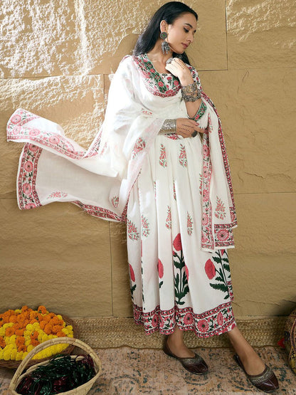 Dhiyona IE Women Ethnic Motifs Printed Pure Cotton Kurta with Trousers & With Dupatta