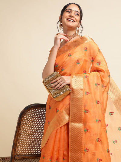 Indyancart GR Women's Jasmin Orange Cotton Silk Saree