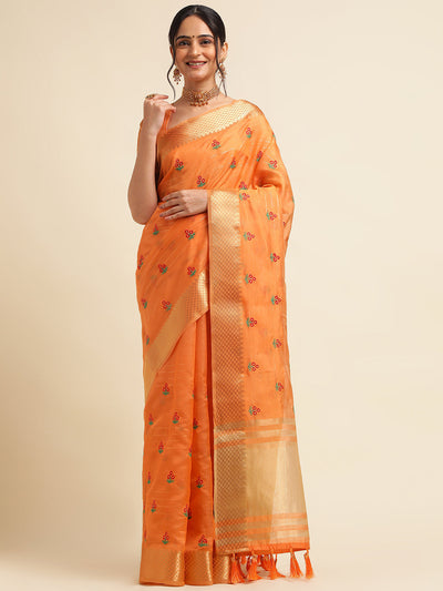 Indyancart GR Women's Jasmin Orange Cotton Silk Saree