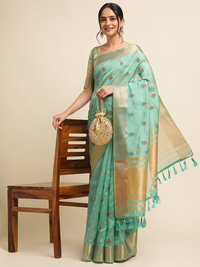 Indyancart GR Women's Jasmin Turquoise Cotton Silk Saree