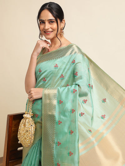 Indyancart GR Women's Jasmin Turquoise Cotton Silk Saree