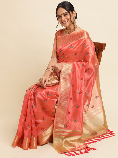 Indyancart GR Women's Jasmin Red Cotton Silk Saree