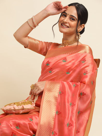 Indyancart GR Women's Jasmin Red Cotton Silk Saree