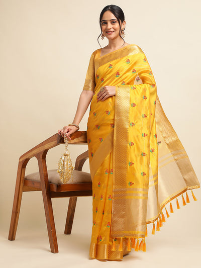 Indyancart GR Women's Jasmin Yellow Cotton Silk Saree